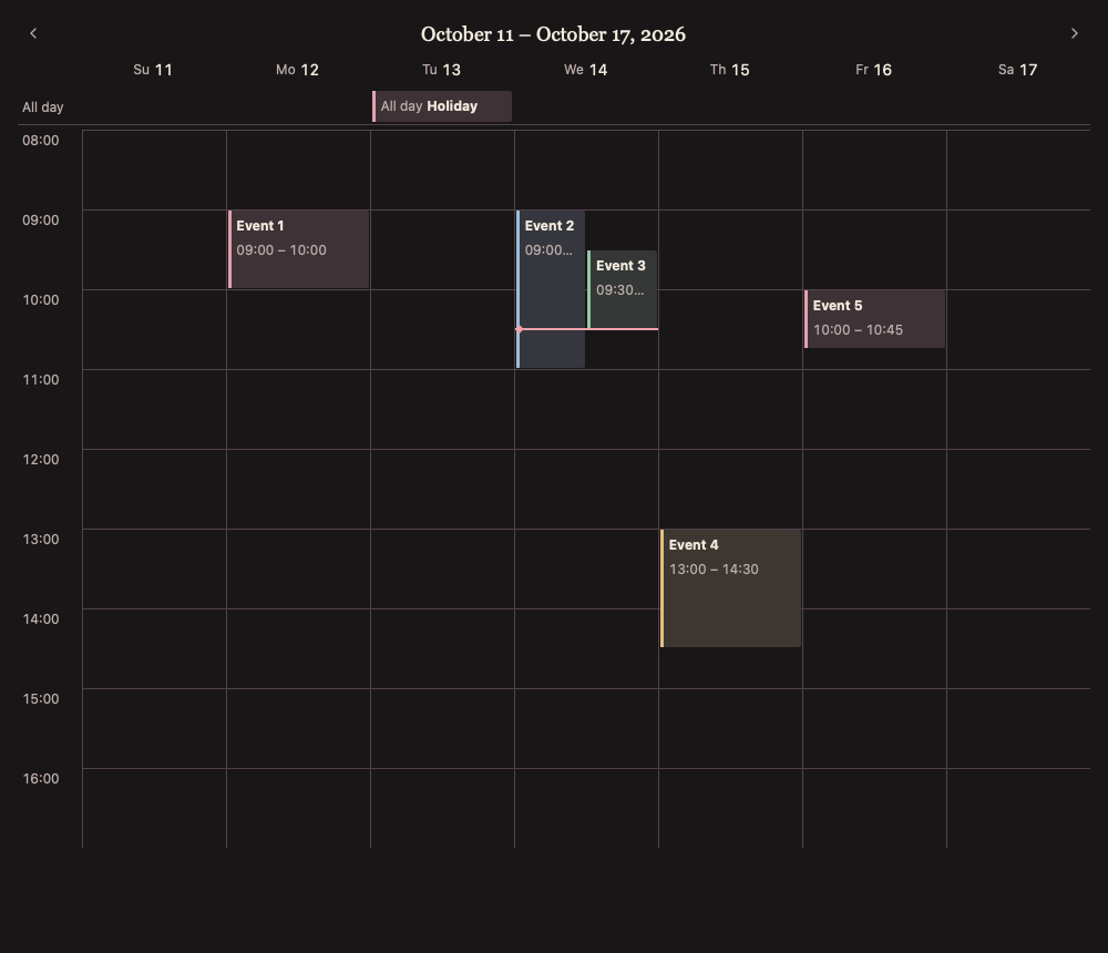 CalendarWeekView 深色主题渲染快照