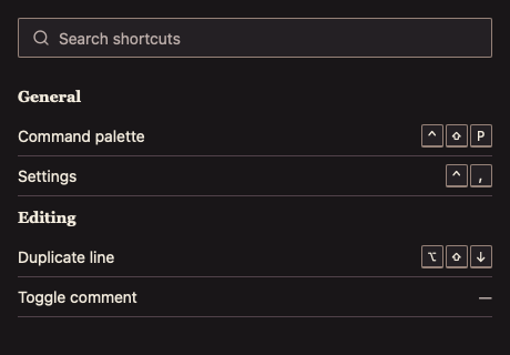 KeyboardShortcutsList 深色主题渲染快照