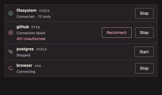 MCPServerList 深色主题渲染快照