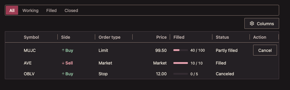 OrderTable 深色主题渲染快照
