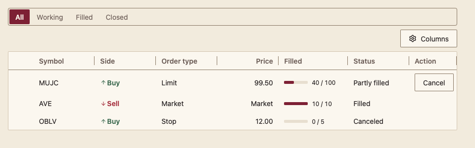 OrderTable 浅色主题渲染快照