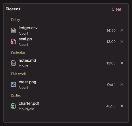 RecentFiles 深色主题渲染快照