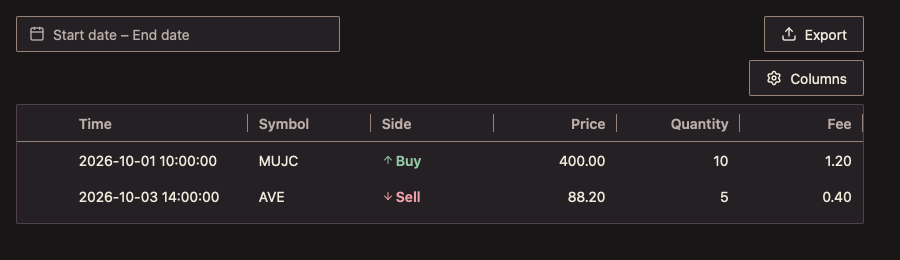 TradeHistoryTable 深色主题渲染快照