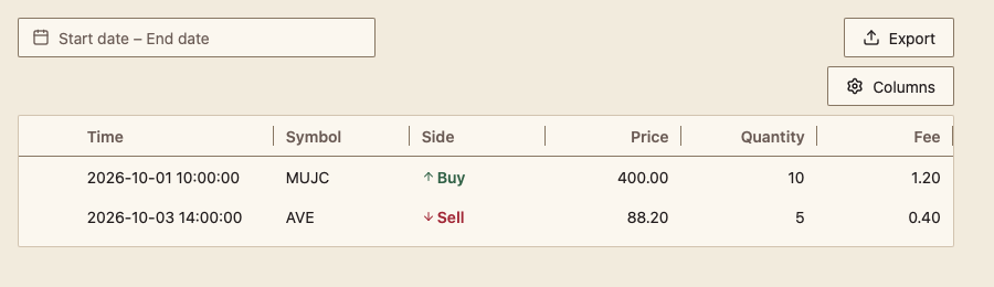 TradeHistoryTable 浅色主题渲染快照